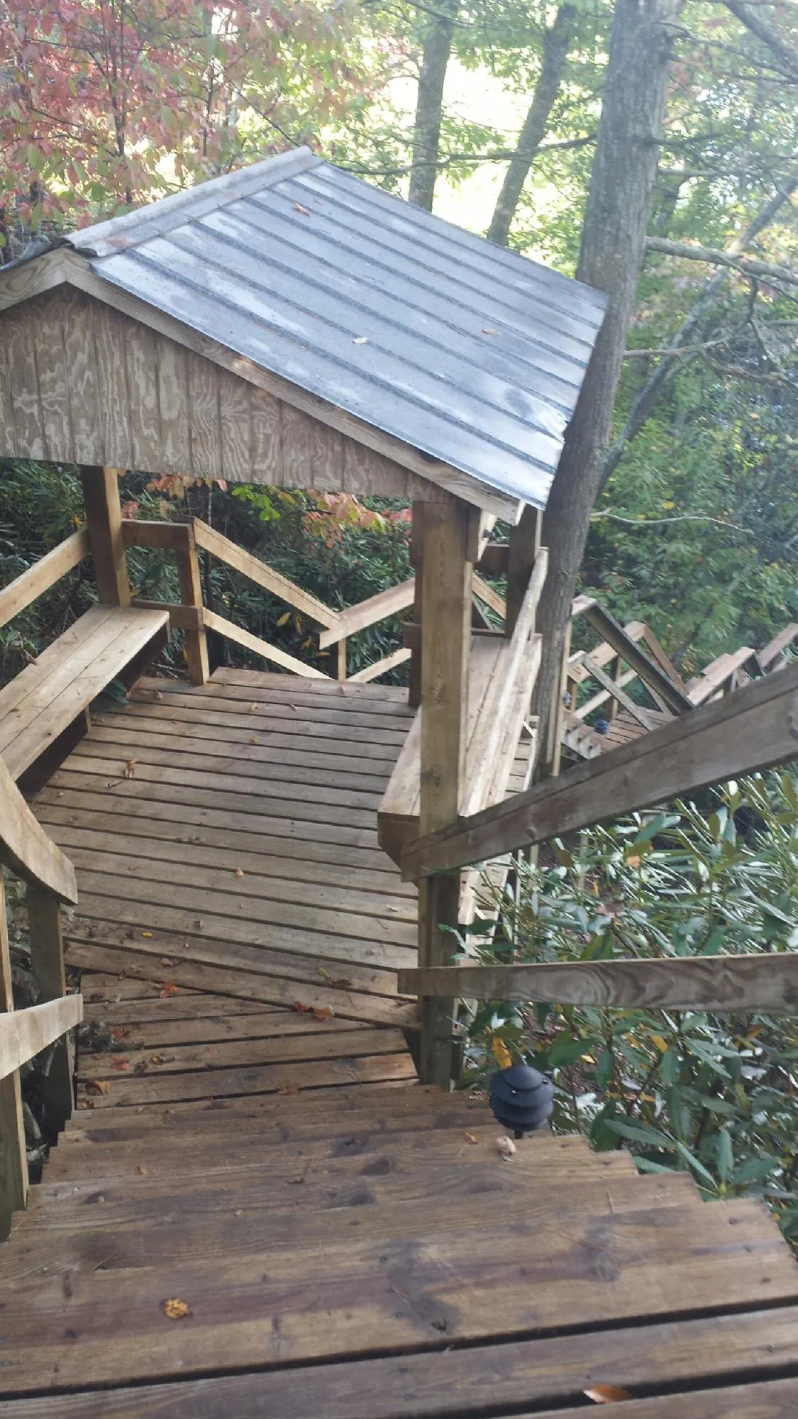 Metal roofed shelter over wooden steps on a wooded walkway — Skylight Repair & Installation work by our crew in Mount Shasta